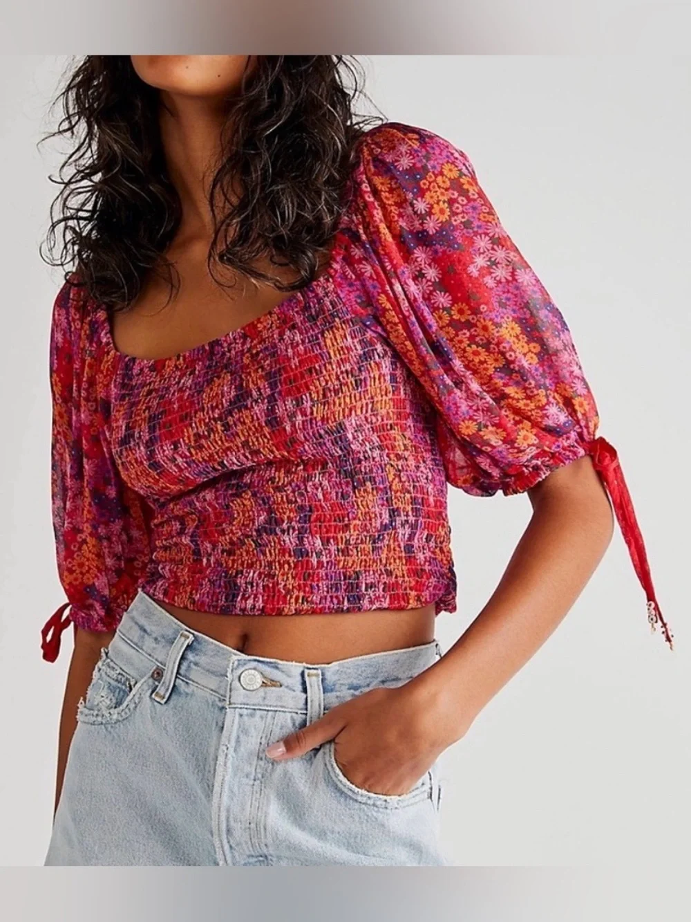 Women’s Free People Back On Top Ditsy Floral Smocked Puff Sleeve Top Boho Large